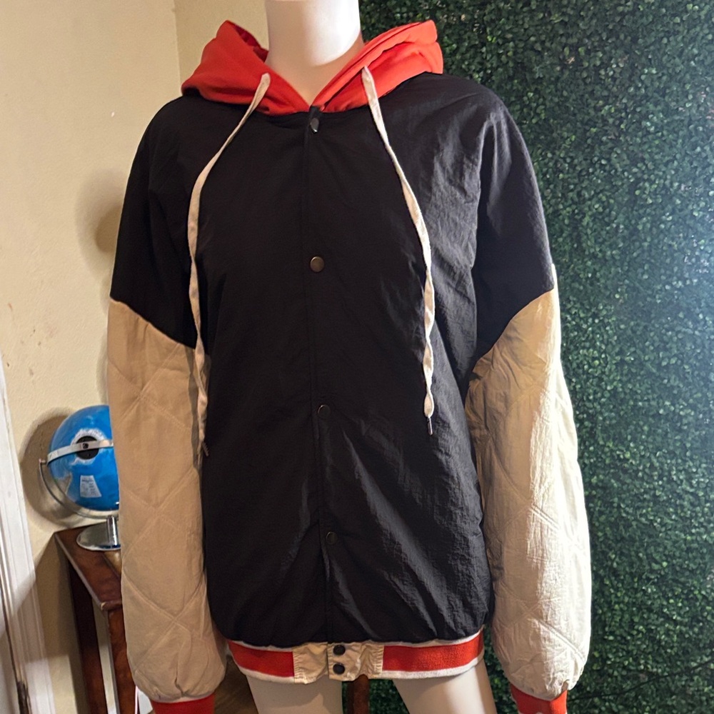 Fashion Nova Black Colorblock Bomber Jacket with Cream Sleeves and Red Hood